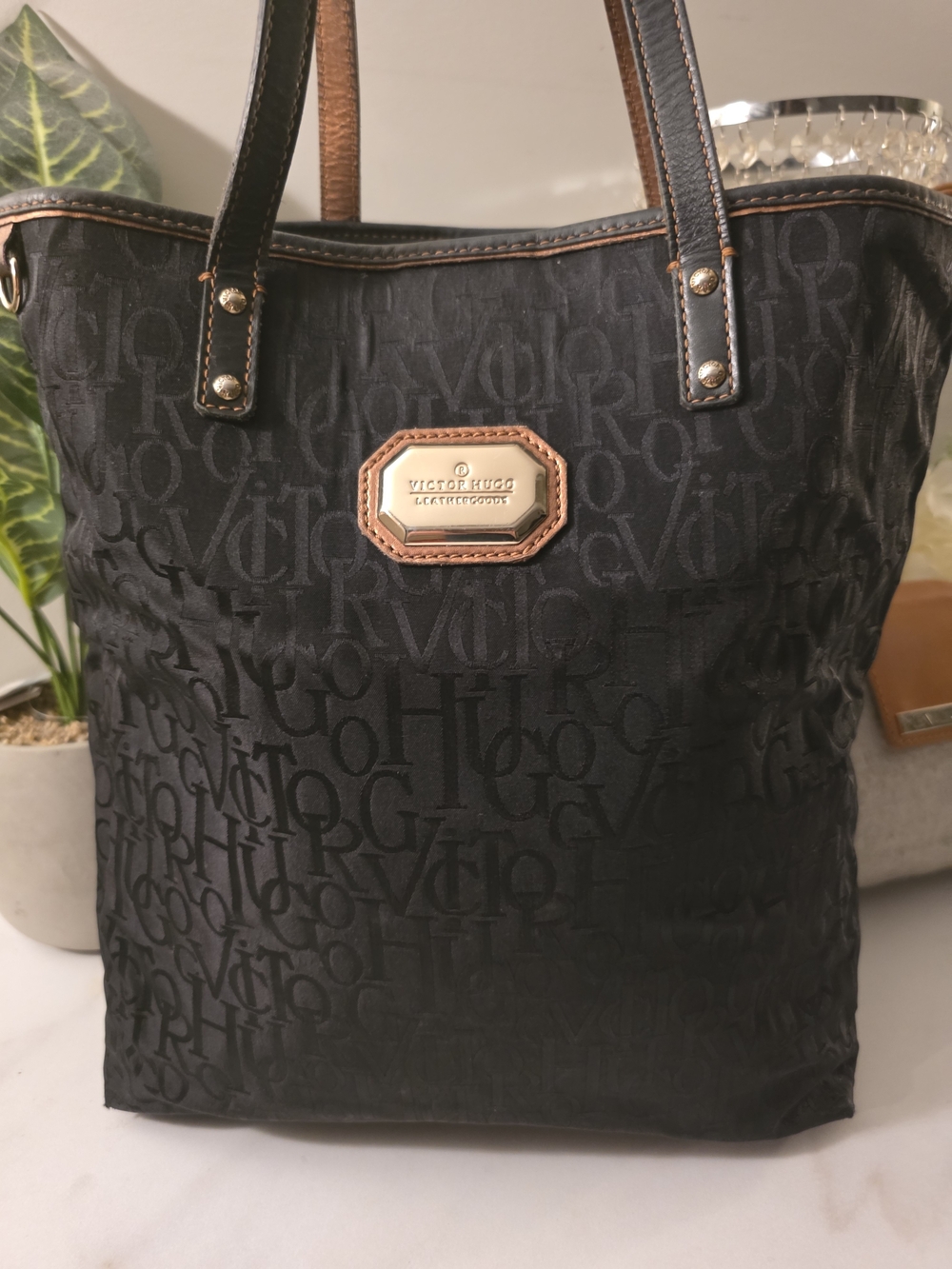 Victor Huho Black Logo-Print Tote with Tan Trim